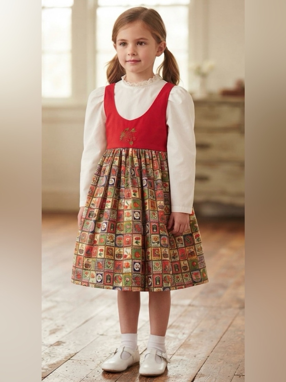 Vintage Handmade Seed Packet & Strawberry Embroidered Novelty Dress 3T-4T